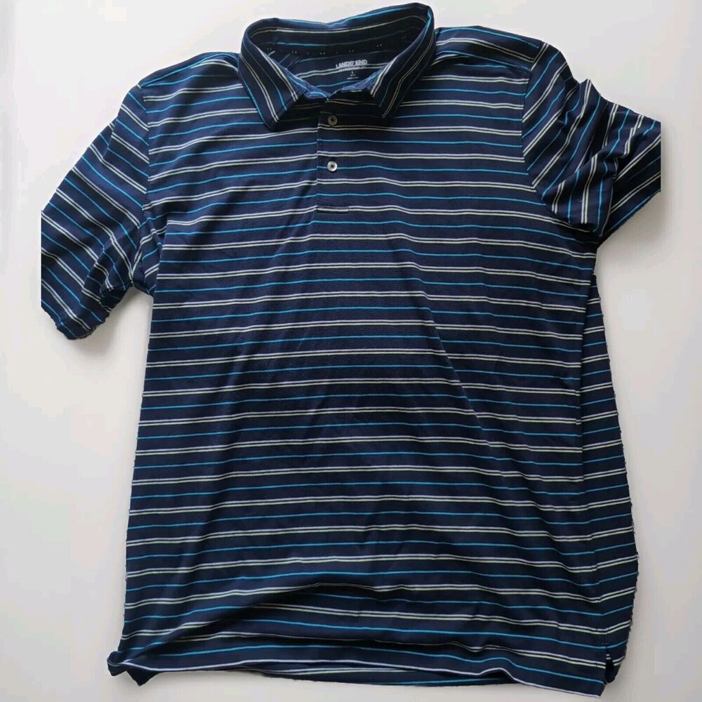 Land's End Traditional Fit Blue Striped Short Sleeve Polo Shirt Large Soft
